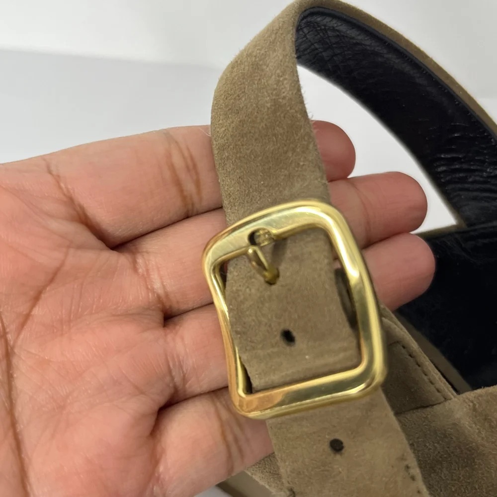 Celine Olive Suede Block Heel Sandals with Gold Buckle - Picture 5 of 6